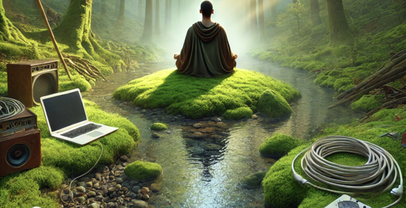 A person meditating peacefully with a phone nearby, symbolizing balance between mindfulness and technology.